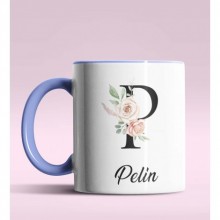 Kişiye Özel P Harfi Temalı Gül Tasarım Mavi Renk Kupa