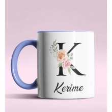 Kişiye Özel K Harfi Temalı Gül Tasarım Mavi Renk Kupa