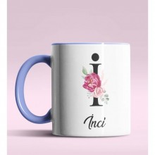 Kişiye Özel İ Harfi Temalı Gül Tasarım Mavi Renk Kupa