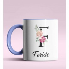 Kişiye Özel F Harfi Temalı Gül Tasarım Mavi Renk Kupa