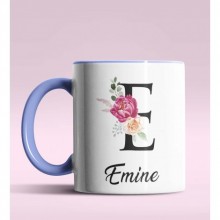 Kişiye Özel E Harfi Temalı Gül Tasarım Mavi Renk Kupa