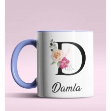 Kişiye Özel D Harfi Temalı Gül Tasarım Mavi Renk Kupa