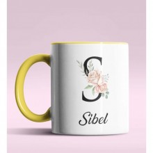 Kişiye Özel S Harfi Temalı Gül Tasarım Sarı Renk Kupa