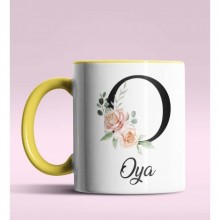 Kişiye Özel O Harfi Temalı Gül Tasarım Sarı Renk Kupa