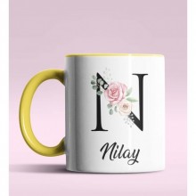 Kişiye Özel N Harfi Temalı Gül Tasarım Sarı Renk Kupa