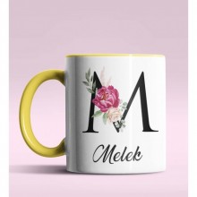 Kişiye Özel M Harfi Temalı Gül Tasarım Sarı Renk Kupa