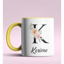 Kişiye Özel K Harfi Temalı Gül Tasarım Sarı Renk Kupa