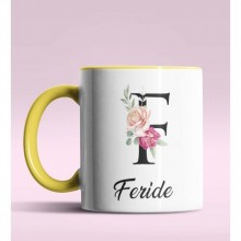 Kişiye Özel F Harfi Temalı Gül Tasarım Sarı Renk Kupa