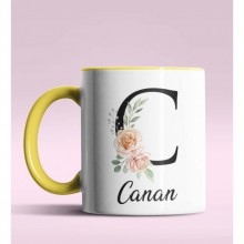 Kişiye Özel C Harfi Temalı Gül Tasarım Sarı Renk Kupa