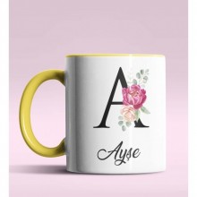Kişiye Özel A Harfi Temalı Gül Tasarım Sarı Renk Kupa