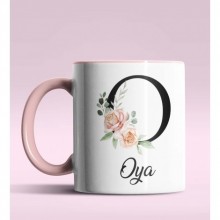 Kişiye Özel O Harfi Temalı Gül Tasarım Pembe Renk Kupa