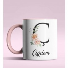 Kişiye Özel Ç Harfi Temalı Gül Tasarım Pembe Renk Kupa