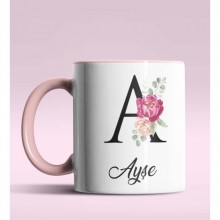 Kişiye Özel A Harfi Temalı Gül Tasarım Pembe Renk Kupa