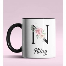 Kişiye Özel N Harfi Temalı Gül Tasarım Siyah Renk Kupa