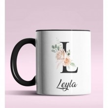 Kişiye Özel L Harfi Temalı Gül Tasarım Siyah Renk Kupa