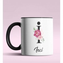 Kişiye Özel İ Harfi Temalı Gül Tasarım Siyah Renk Kupa