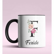 Kişiye Özel F Harfi Temalı Gül Tasarım Siyah Renk Kupa
