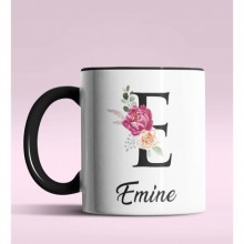 Kişiye Özel E Harfi Temalı Gül Tasarım Siyah Renk Kupa