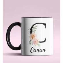 Kişiye Özel C Harfi Temalı Gül Tasarım Siyah Renk Kupa