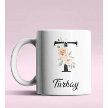 Kişiye Özel T Harfi Temalı Gül Tasarım Beyaz Renk Kupa