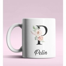 Kişiye Özel P Harfi Temalı Gül Tasarım Beyaz Renk Kupa