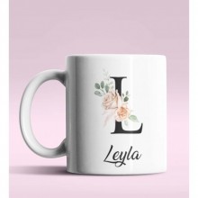 Kişiye Özel L Harfi Temalı Gül Tasarım Beyaz Renk Kupa