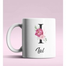 Kişiye Özel I Harfi Temalı Gül Tasarım Beyaz Renk Kupa