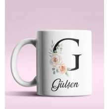 Kişiye Özel G Harfi Temalı Gül Tasarım Beyaz Renk Kupa