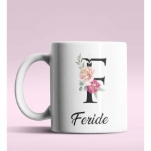 Kişiye Özel F Harfi Temalı Gül Tasarım Beyaz Renk Kupa