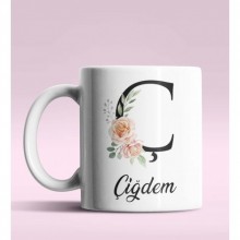 Kişiye Özel Ç Harfi Temalı Gül Tasarım Beyaz Renk Kupa