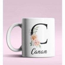 Kişiye Özel C Harfi Temalı Gül Tasarım Beyaz Renk Kupa