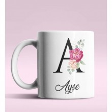 Kişiye Özel A Harfi Temalı Gül Tasarım Beyaz Renk Kupa