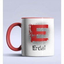 Kişiye Özel E Harfi Temalı Çizim Tasarım Kırmızı Renk Kupa