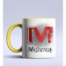 Kişiye Özel M Harfi Temalı Çizim Tasarım Sarı Renk Kupa