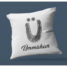 Kişiye Özel Ü Harfi Kara Kalem Tasarım Saten Kare Yastık