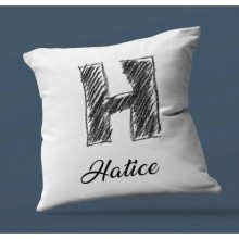 Kişiye Özel H Harfi Kara Kalem Tasarım Saten Kare Yastık