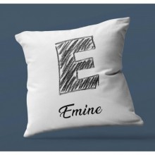 Kişiye Özel E Harfi Kara Kalem Tasarım Saten Kare Yastık