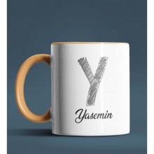 Kişiye Özel Y Harfi Temalı Kara Kalem Tasarım Turuncu Renk Kupa