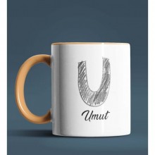 Kişiye Özel U Harfi Temalı Kara Kalem Tasarım Turuncu Renk Kupa