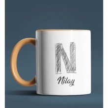 Kişiye Özel N Harfi Temalı Kara Kalem Tasarım Turuncu Renk Kupa