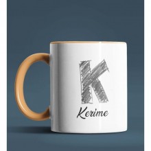 Kişiye Özel K Harfi Temalı Kara Kalem Tasarım Turuncu Renk Kupa