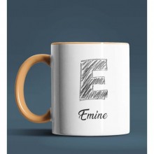 Kişiye Özel E Harfi Temalı Kara Kalem Tasarım Turuncu Renk Kupa