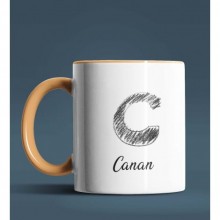 Kişiye Özel C Harfi Temalı Kara Kalem Tasarım Turuncu Renk Kupa