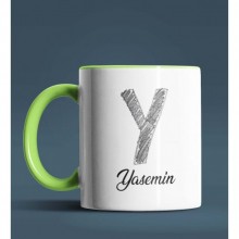 Kişiye Özel Y Harfi Temalı Kara Kalem Tasarım Yeşil Renk Kupa