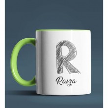 Kişiye Özel R Harfi Temalı Kara Kalem Tasarım Yeşil Renk Kupa