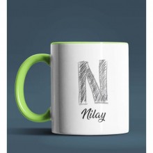 Kişiye Özel N Harfi Temalı Kara Kalem Tasarım Yeşil Renk Kupa