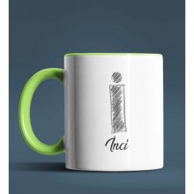 Kişiye Özel İ Harfi Temalı Kara Kalem Tasarım Yeşil Renk Kupa