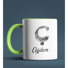 Kişiye Özel Ç Harfi Temalı Kara Kalem Tasarım Yeşil Renk Kupa