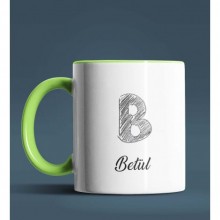 Kişiye Özel B Harfi Temalı Kara Kalem Tasarım Yeşil Renk Kupa