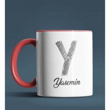 Kişiye Özel Y Harfi Temalı Kara Kalem Tasarım Kırmızı Renk Kupa